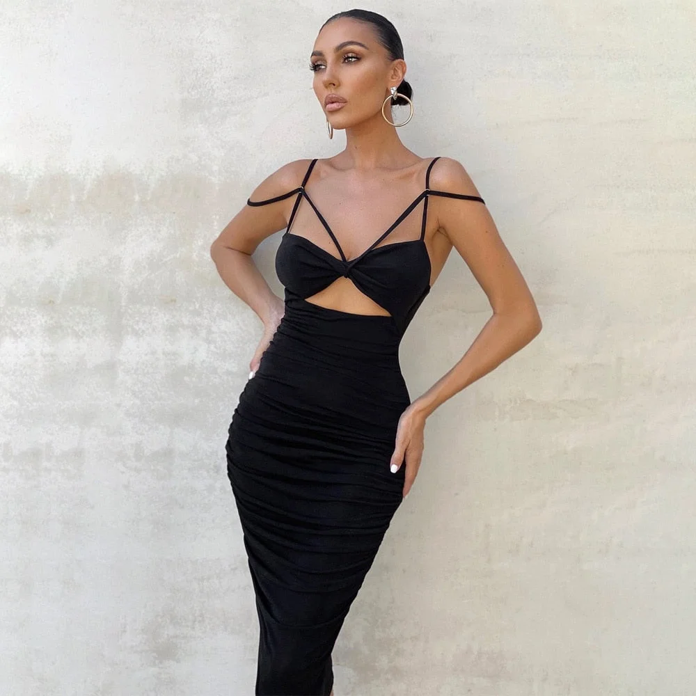 Abebey   Black Hollow Out Drawstring Summer Dress 2023 Backless Zipper Bodycon Long Dresses  Elegant Party Vestidos Female