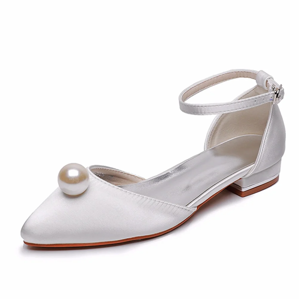 Breakj Breakj Cm Ball Beads Flat And Casual Tip Hollow Sandals Low Heel Light-Mouthed Satin Cloth Buckle The Bride's Wedding Shoes