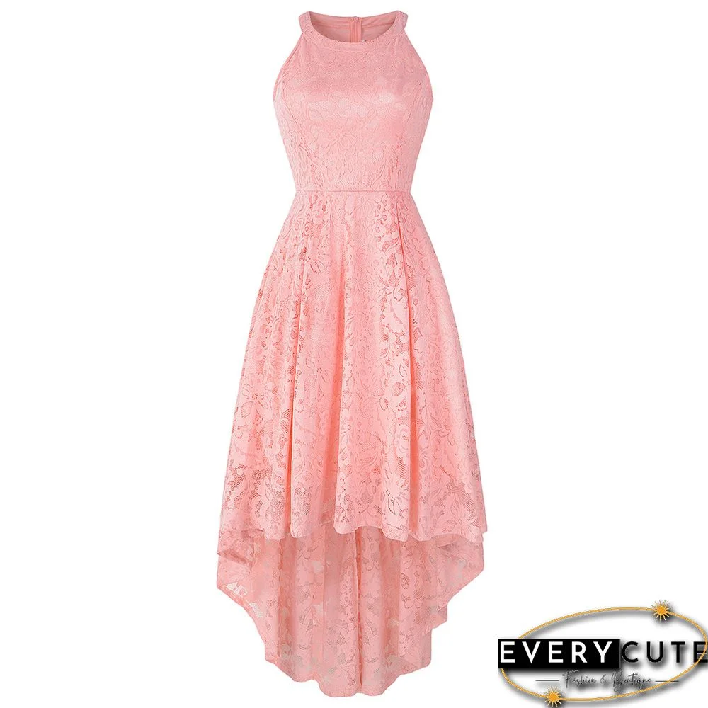 Pink Sleeveless High Low Halter Lace Party Dress