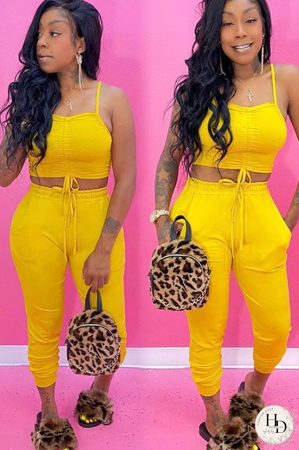 Yellow Cotton Fashion Casual Solid Two Piece Suits pencil Sleeveless Two Pieces