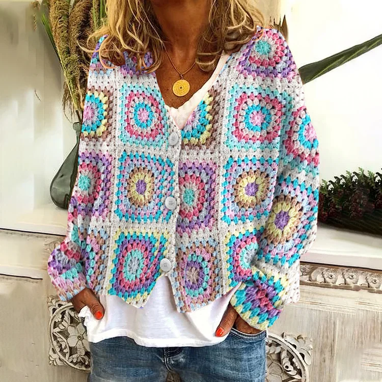 Knitted Crochet Floral V Neck Button Down Cardigan