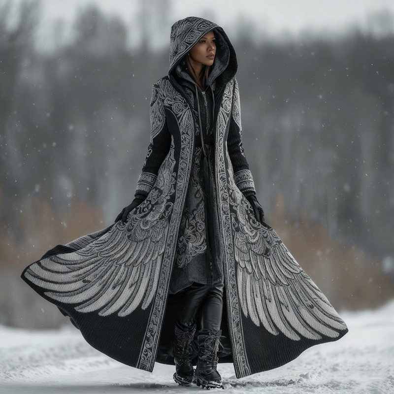 Women's Vintage Viking Wings Knit Jacquard Long Cardigan elevenforest