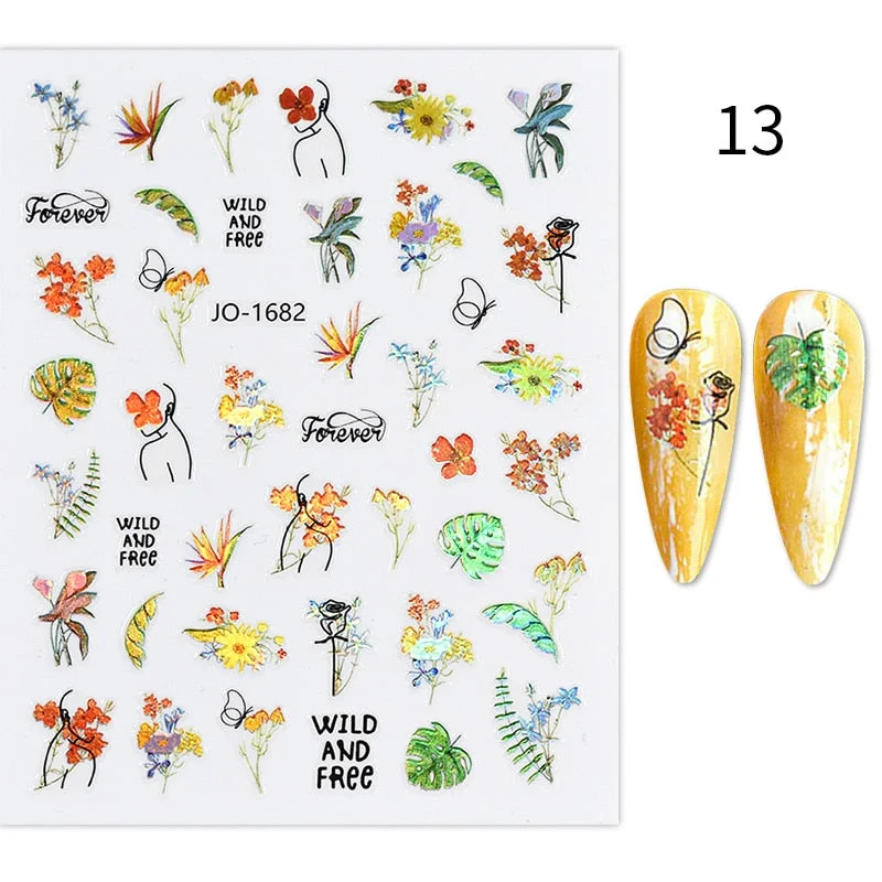 1PC Spring Green Palm Flowers Leaves 3D Nail Stickers Self-Adhesive Slider Nail Art Decorations Geometry Leaf Decals Manicure-Nail Inspo