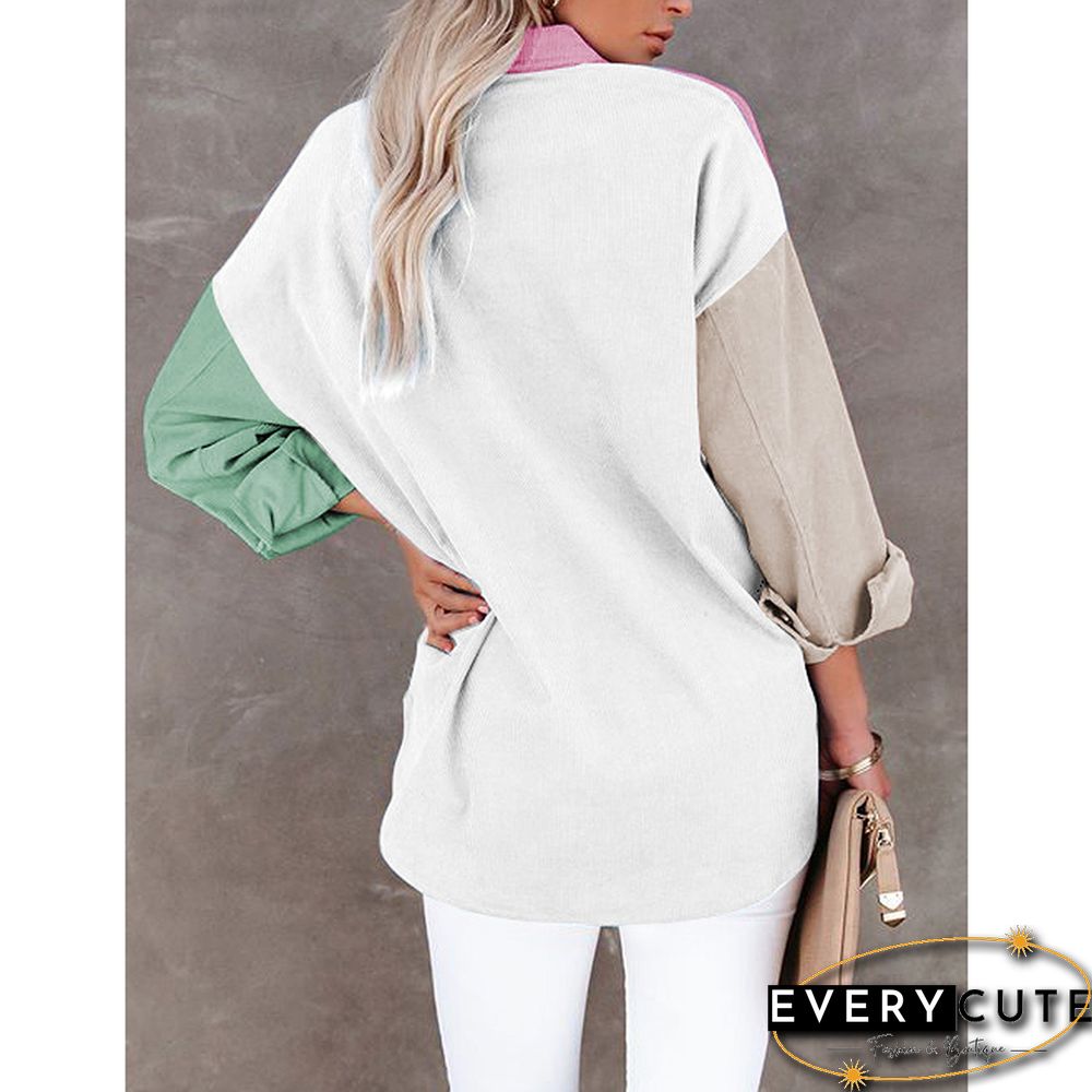 Pink Color Block Corduroy Button Pocket Oversized Shirt