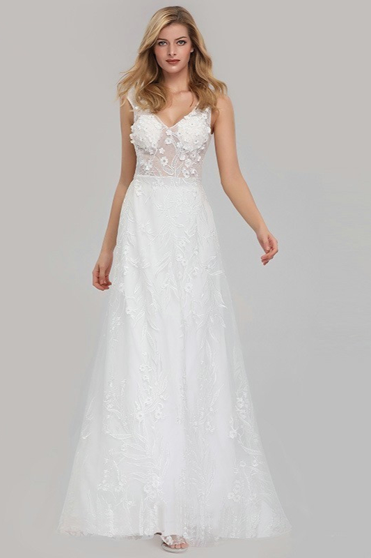 white lace appliques long wedding dress
