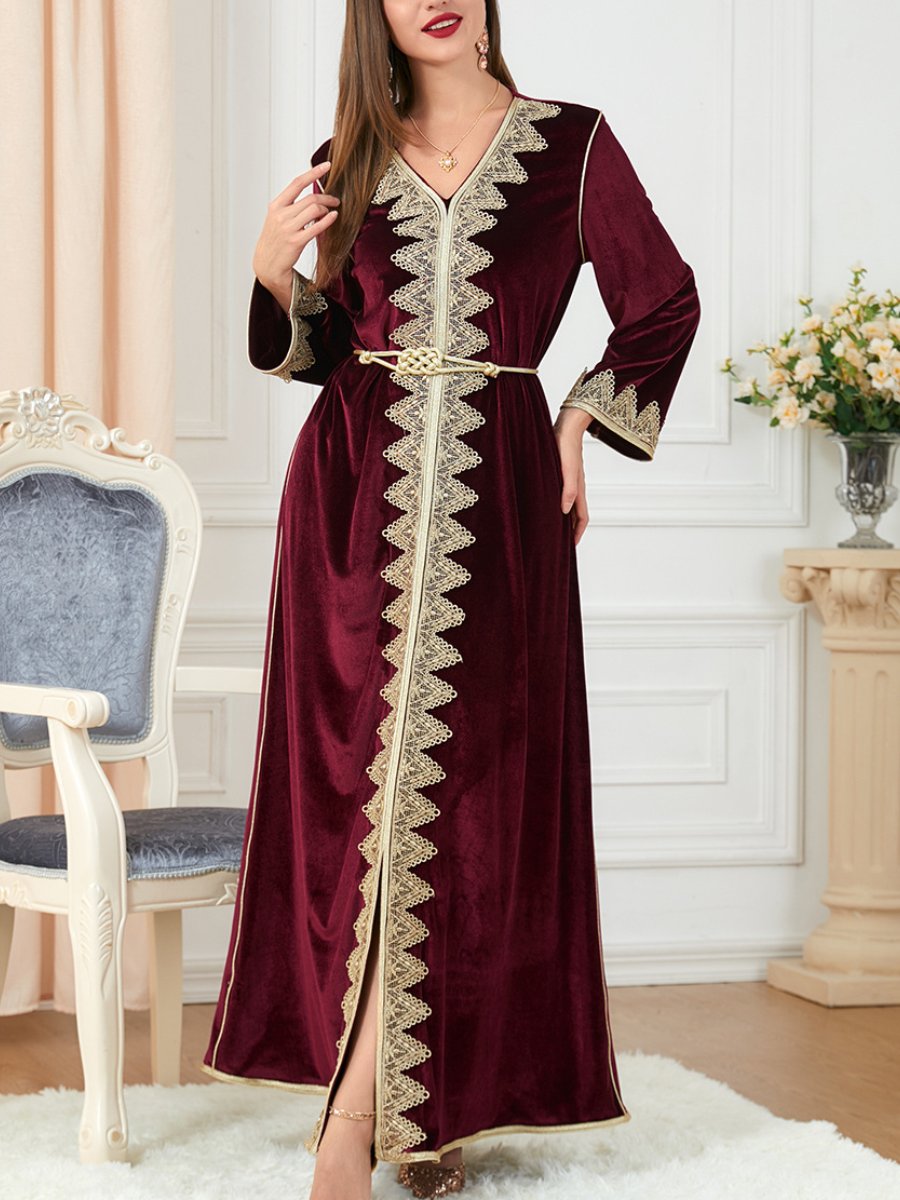 Red Velvet Belt Design V Neck Long Sleeve Dress | Oxredo Shop Ramadan Sale