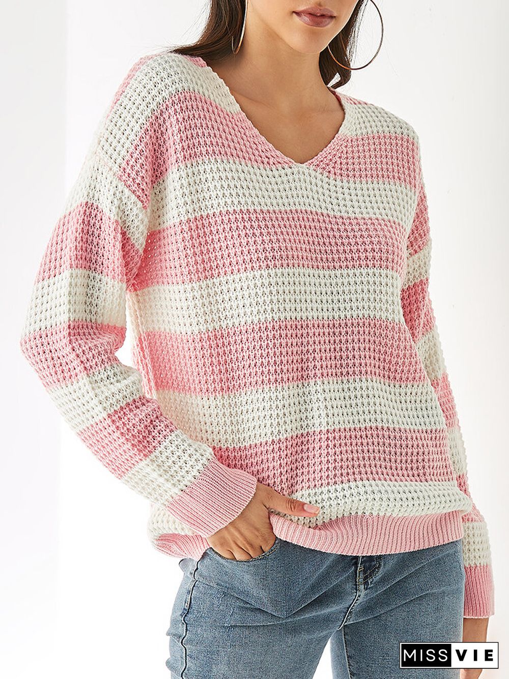 Contrast Color Striped Print Knitted Long Sleeve Casual Sweater for Women