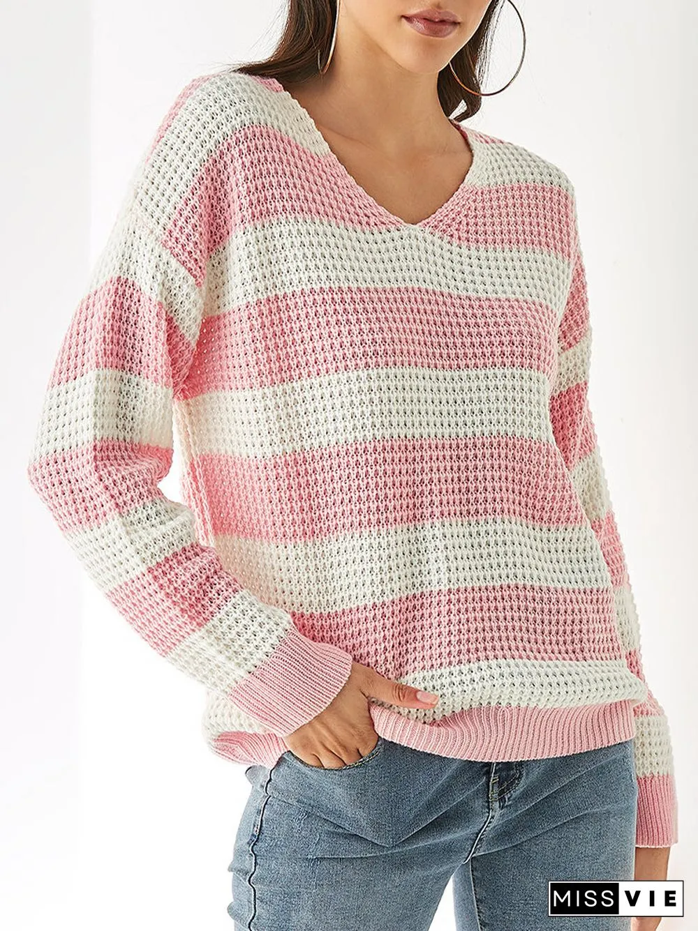 Contrast Color Striped Print Knitted Long Sleeve Casual Sweater for Women
