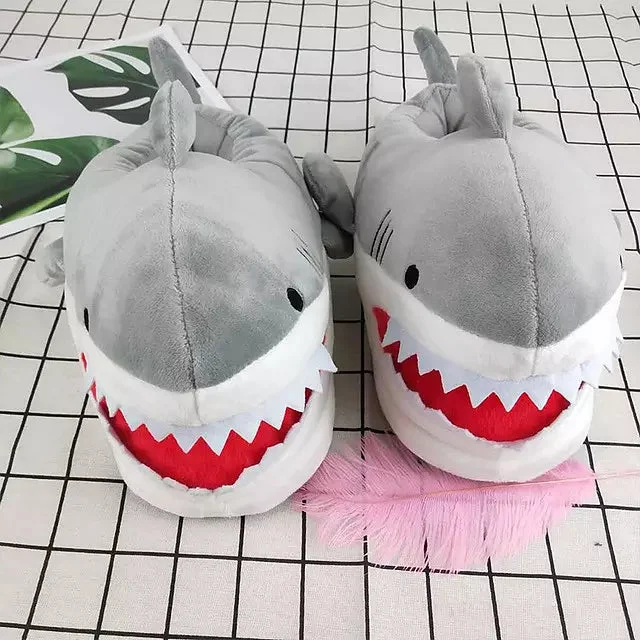 Cartoon Shark Fish Slippers Fur Slides Women's Winter House Shoes