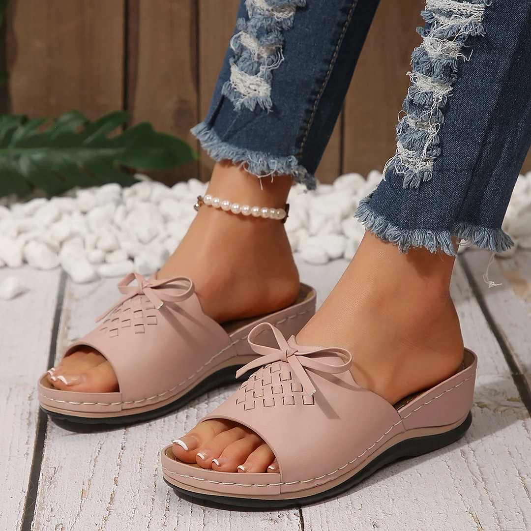 Yyvonne New Summer Slope And Fish Mouth Slippers Women's Shoes Casual Large Size Coarse And Slippers Bow Solid Color