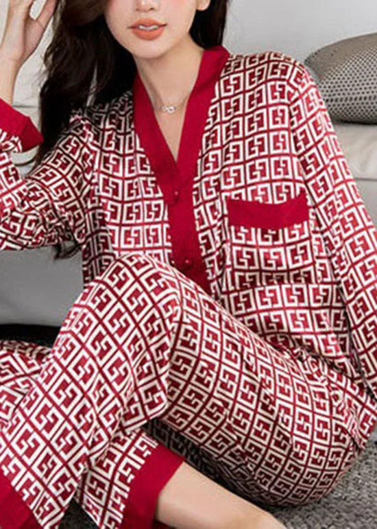 Elegant Red V Neck Print Patchwork Ice Silk Pajamas Two Pieces Set Summer