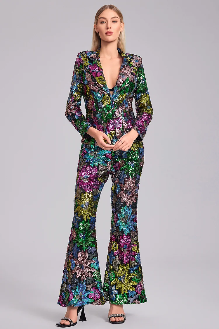 Pockets Floral Sequin Blazer Two Piece Pant Set-Black