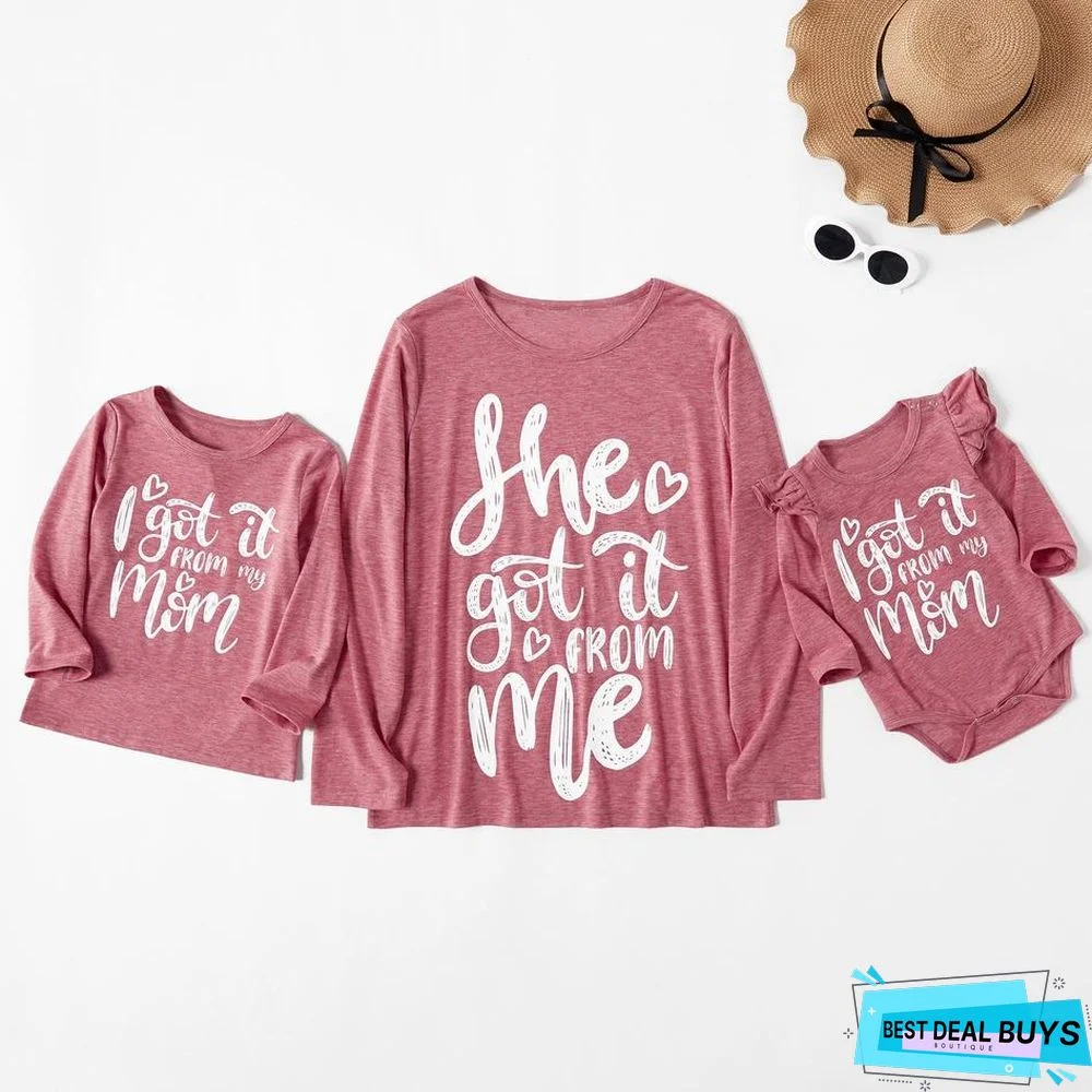 Mommy and Me Round Collar Heart-Shaped Red Long Sleeve Matching Tops