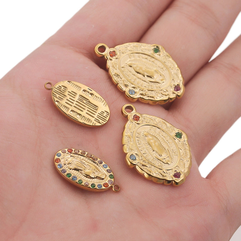 4 Pieces Per Pack 304 Stainless Steel Rhinestones Virgin Mary Color Block Pendant Jewelry Accessories