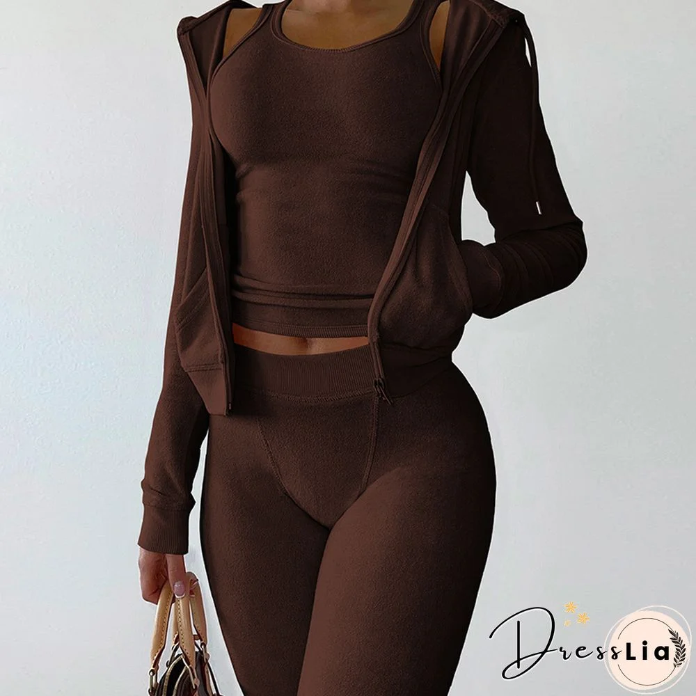 Casual Ladies Sport Suit Fashion Sleeveless O-Neck Tank Top + Long Sleeve Zip Hooded Coat + Pencil Pants Set Slim 3 Piece Sets