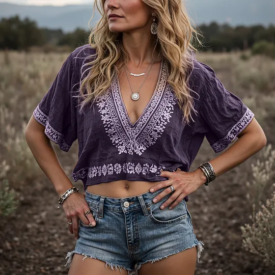 Women's Bohemian Chic: Embroidered Crop Top 