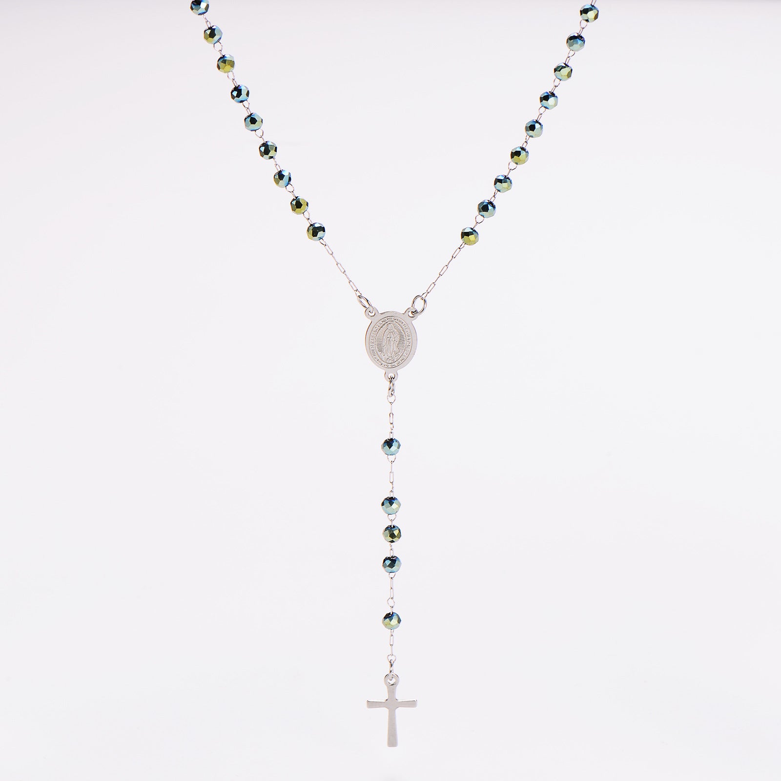 Aml Dopamine Color Crystal Beads Double-Sided Catholic Saint Benedict Portrait + Holy Medal Stainless Steel Long Necklace