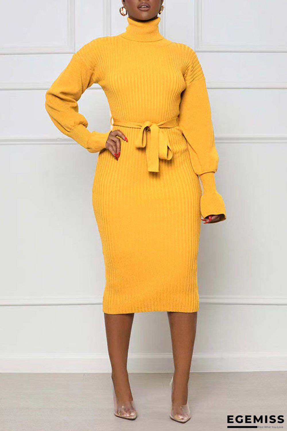 Yellow Casual Elegant Solid Bandage Patchwork Turtleneck One Step Skirt Dresses | EGEMISS