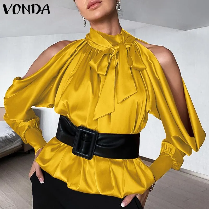 VONDA Women Y2K Tops Autumn Puff Sleeve Bow Blouse Office Formal Blusas Femininas Casual High Neck Pleated Solid Color Shirts