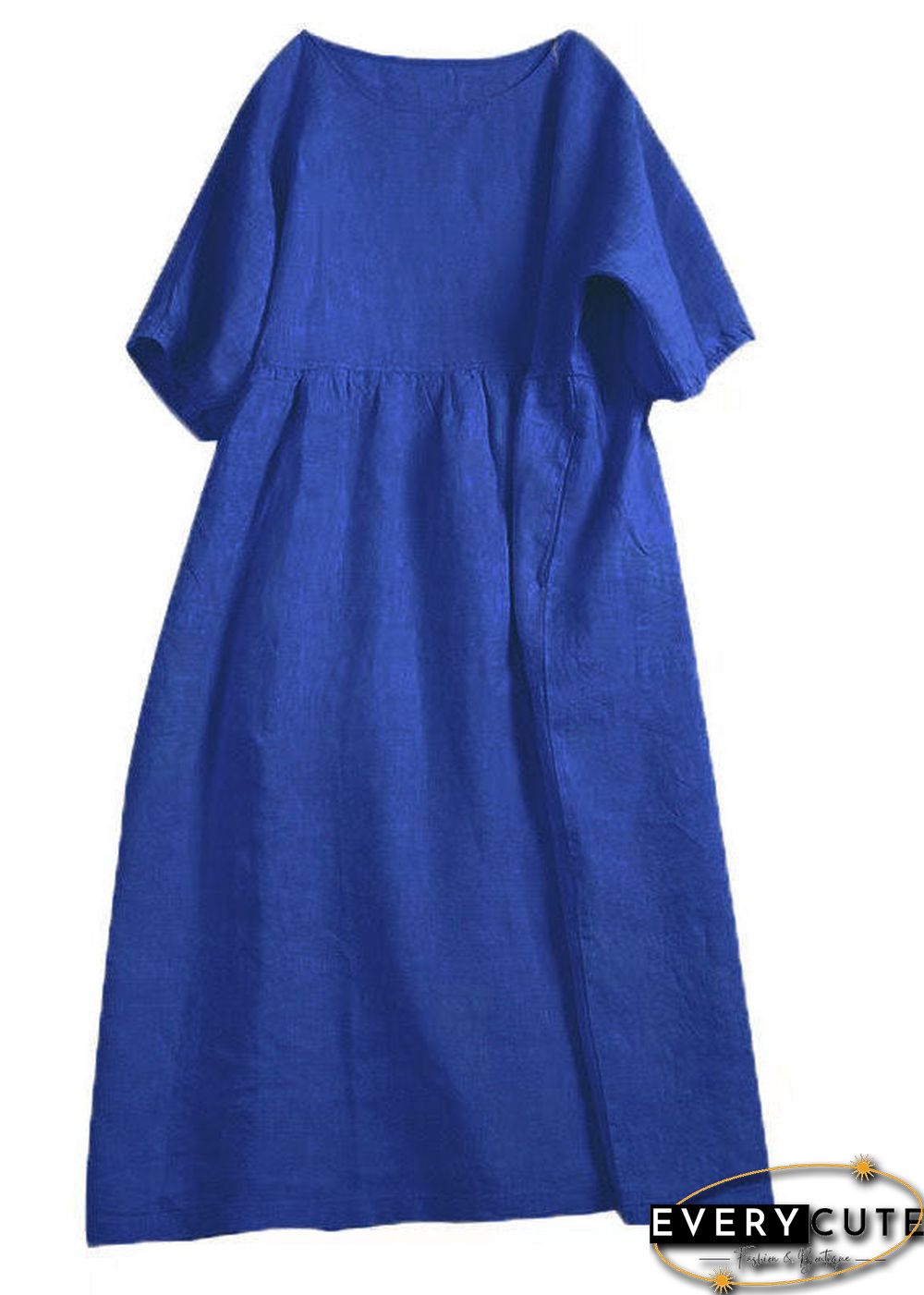Handmade Apricot Solid O-Neck Wrinkled Patchwork Linen Dress Summer