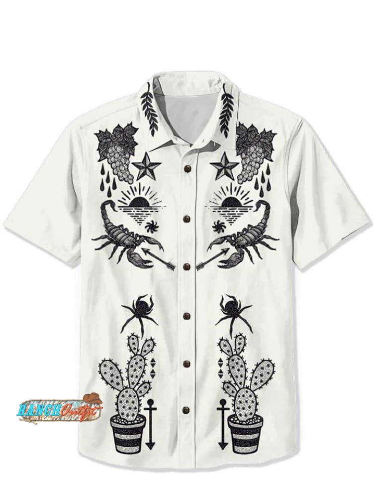 Vintage Black And White Print Casual 100% Cotton Shirt Multicolor / S