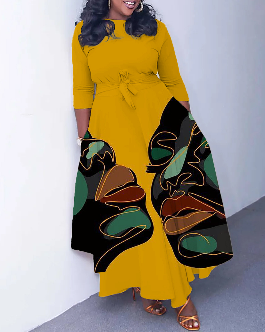 Face Line Art Print Long Sleeve Pockets Maxi Dress