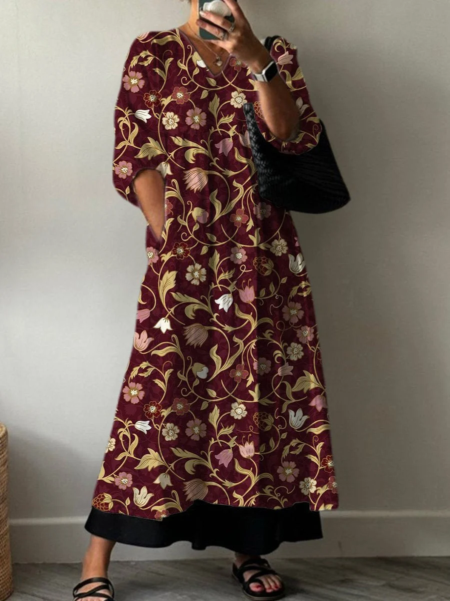 Vintage Floral And Vine Pattern Printed Women's Pocket V-Neck Cotton Dress