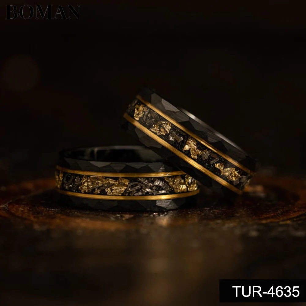 6MM 8MM Tungsten Carbide Wedding Rings Meteorite-set Gold Plate Flat Hammered Electrode Black Ring For Women And Men
