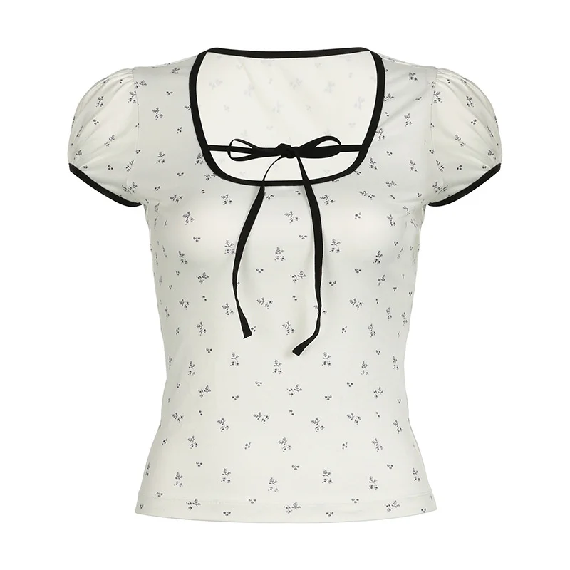 Ueong Flower Printing Lace-Up Bubble Bubble Short-Sleeved Knitted T-Shirt Slim, Hanging Neck, Sweet Blouse