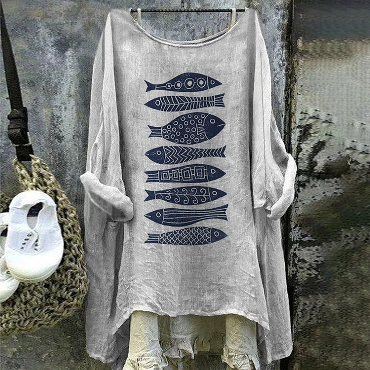 Wearshes Vintage Japanese Art Fish Cotton Linen Button Round Neck Casual Shirt