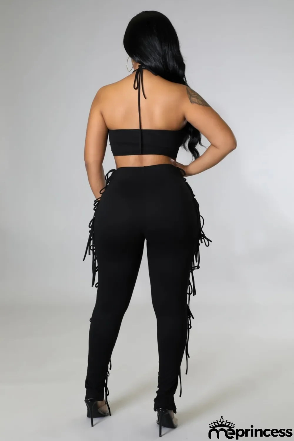 Women Summer Black Casual Strapless Sleeveless High Waist Solid Lace Up Regular Two Piece Pants Set