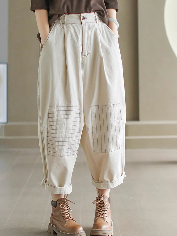 Retro Topstitching Design Cotton Elastic Waist Pant