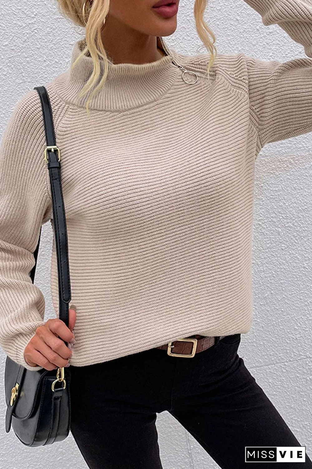 Fashion Casual Solid Split Joint Turtleneck Tops