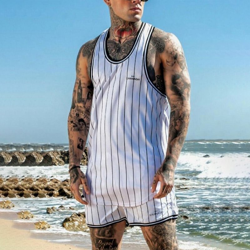 Men's Outdoor Sporty Striped Vest Shorts Set