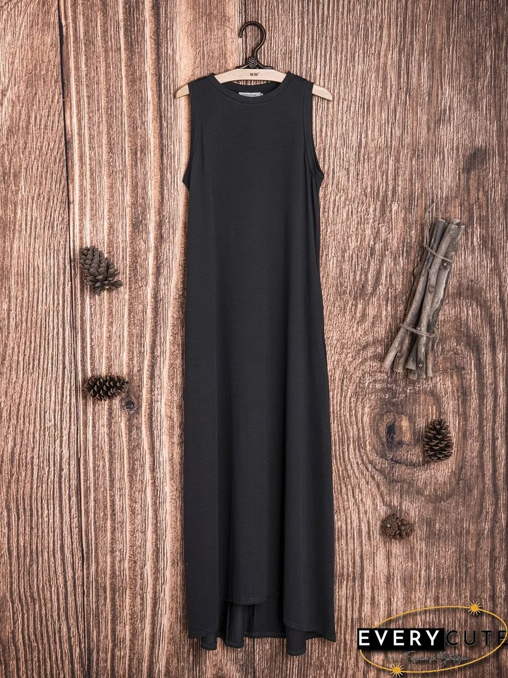 Cotton-Blend Solid Sleeveless Crew Neck Casualdress