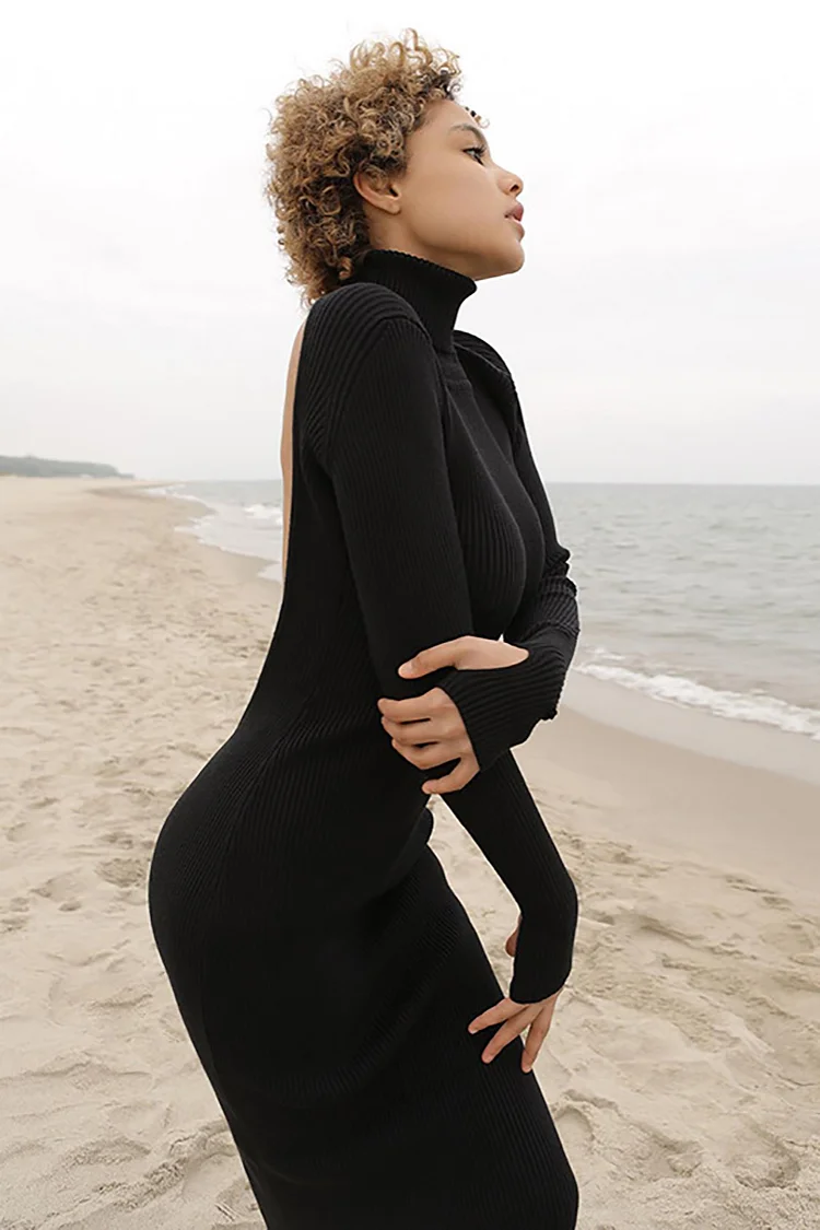 High Neck Backless Knit Bodycon Maxi Dresses