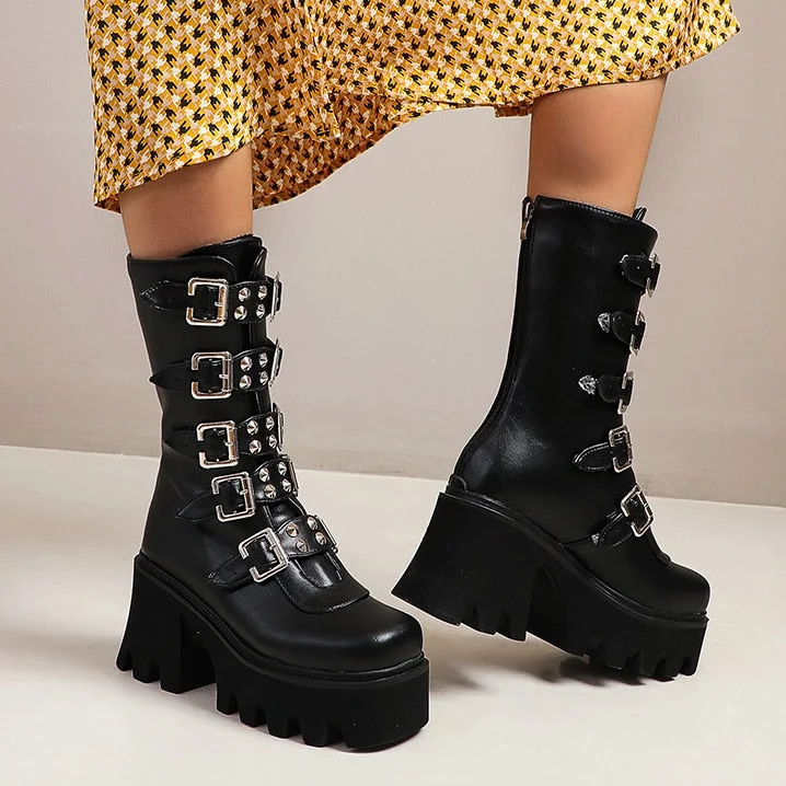 Brand New Motorcycle Boots Women Platform Chunky High Heels Rivet Buckle Women's Boots 2021 Fashio Punk Botas De Mujer