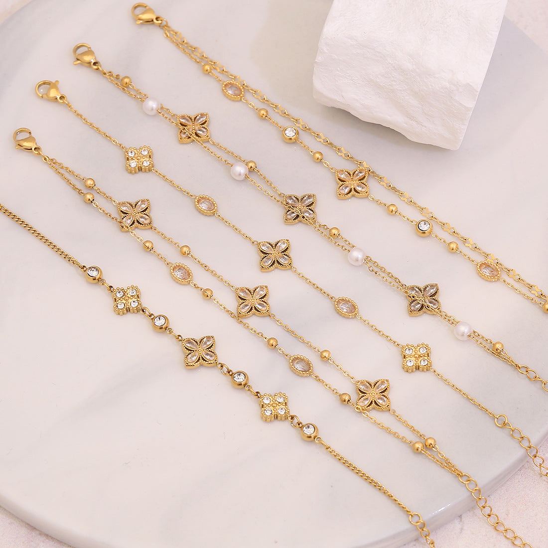 Diamond Flower Double Bracelet Pearl Bracelet Titanium Steel Female B620