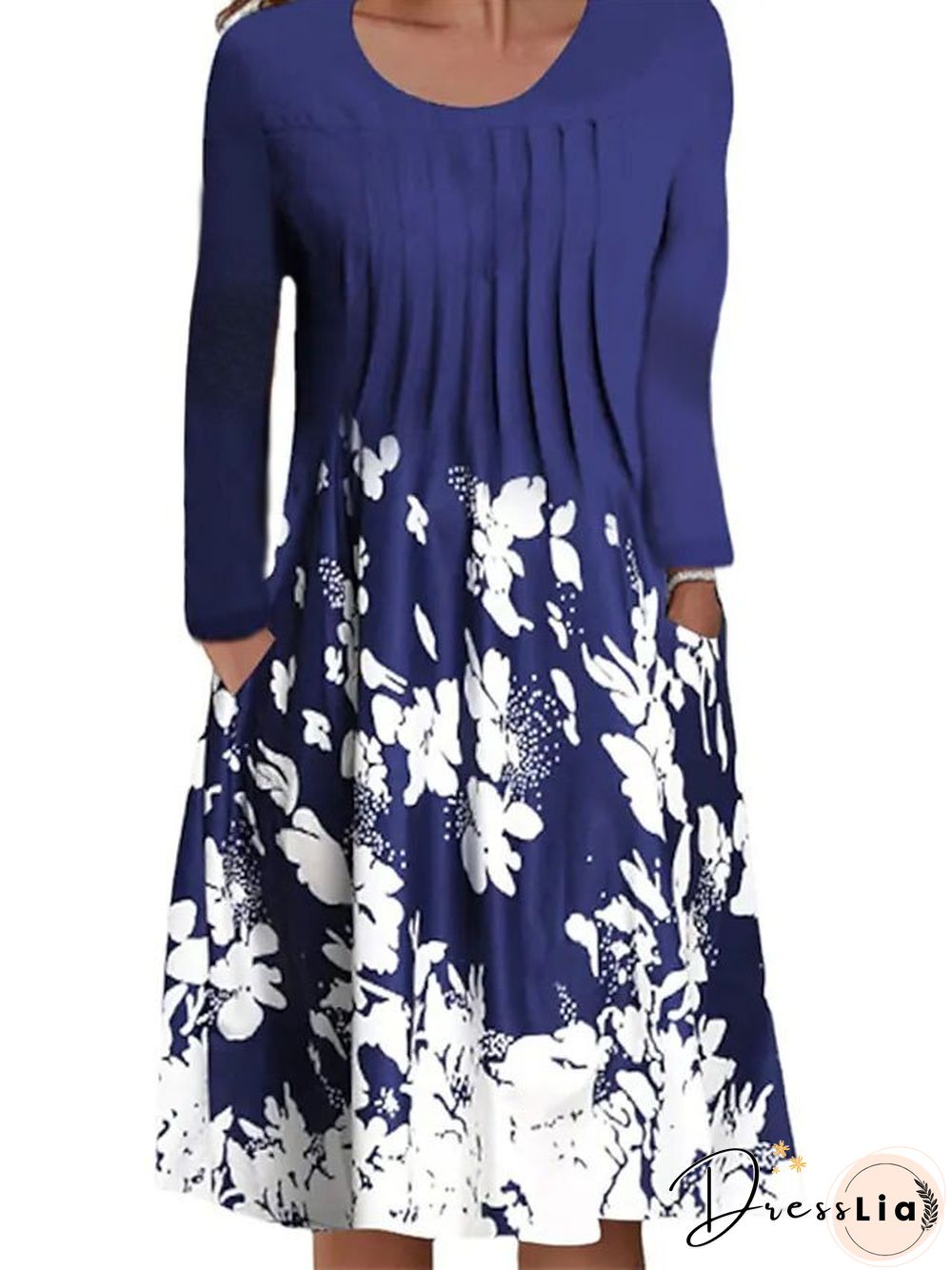 Spring/Summer Floral Print Round Neck Pullover Midi Dress Women's Long Sleeve Vintage Dress