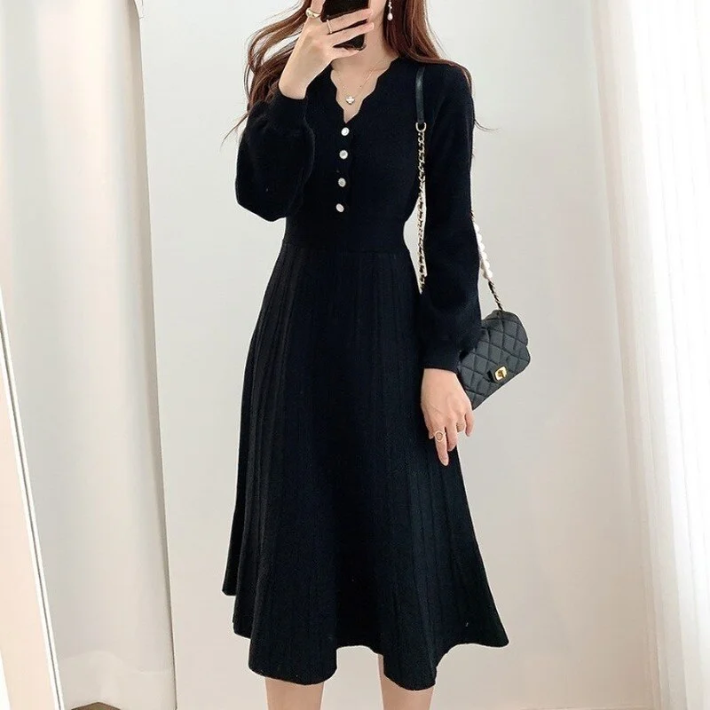 Christmas Gift V Neck Long Sleeve Midi Dress Women Button Decreation High Waist A Line Slim Femme Robe 2021 Chic Knitted Solid Vestidos