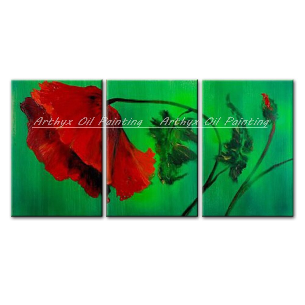 Arthyx Modern Abstract Oil Painting On Canvas Handmade 3 Piece Sets Red Flower Wall Art Pictures For Living Room Home Decoration