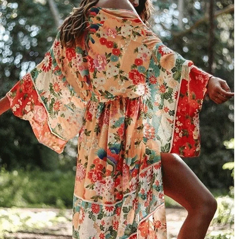 Mongw Mongw Women's Beach Blouse Chiffon Print Shirt Sunscreen Clothing Vacation Beach Sun Protection Clothing