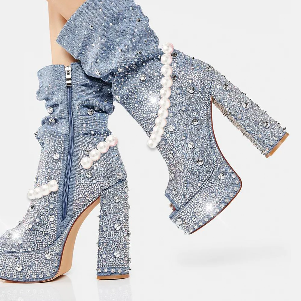 Gradient Blue Platform Booties Chunky Heels With Pearl Rhinestone Decors Nicepairs