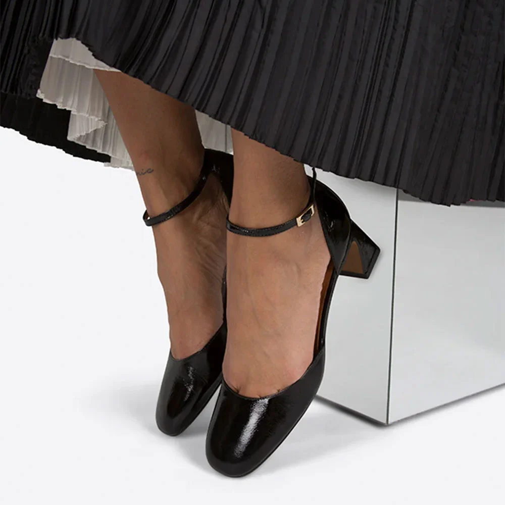 Classic Black Square Toe Chunky Heel Buckle Ankle Strap Pumps Shoes