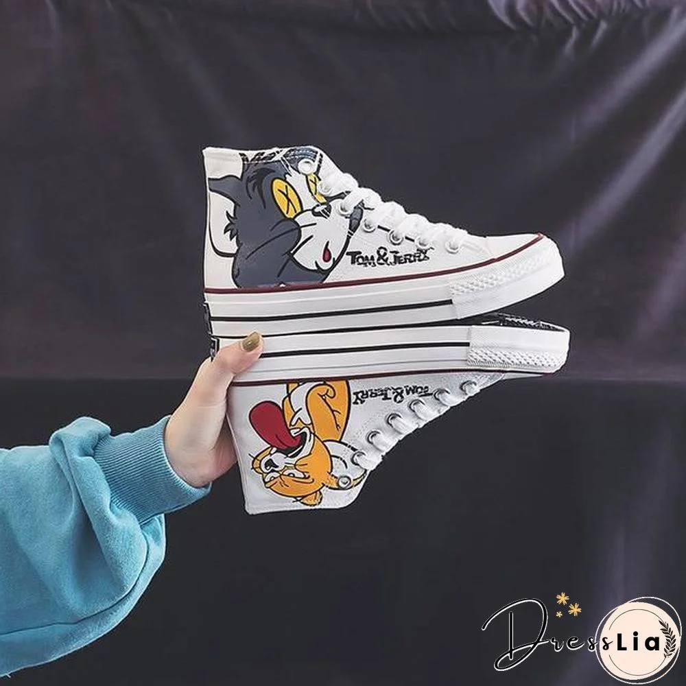 Women Anime Cartoon Print Patchwork Shoes Brand Lovely Girls Canvas Thick Heel Sneakers Designer High Top Espadrilles Flat