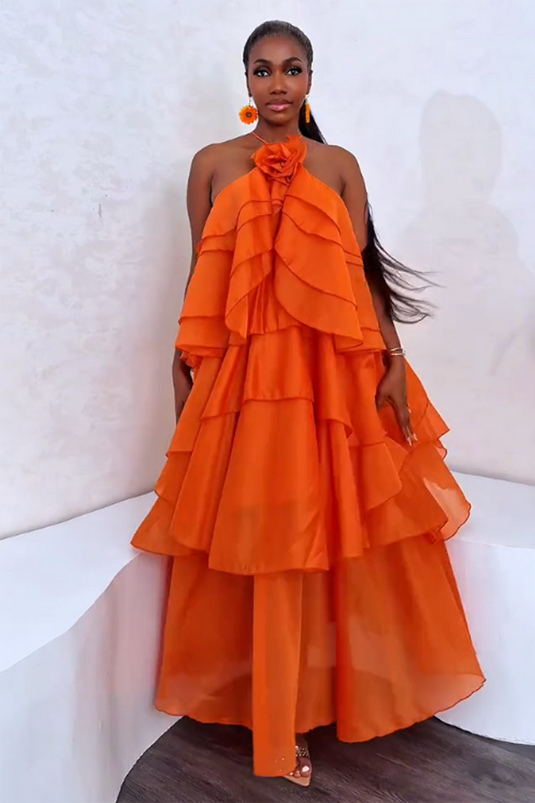Rosette Back Cross Cami Layered Hem Party Maxi Dresses-Orange