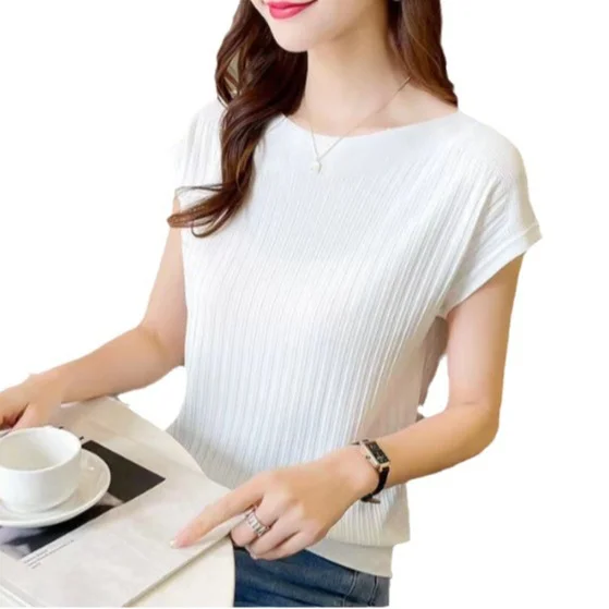 Uveng Uveng Temperament Bat Sleeve Short-Sleeved T-Shirt For Women's 2024 Summer Wear New Black Ice Silk Knitted Shirt Loose Word Collar Top