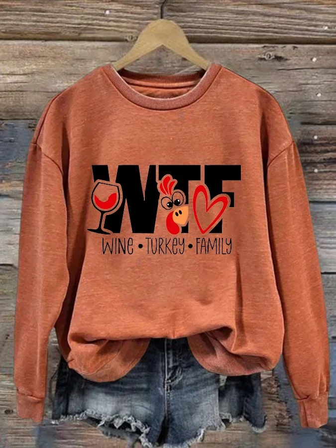 Women's WTF Wine Turkey Family Print Casual Sweatshirt