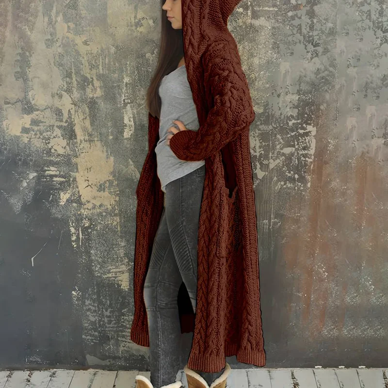 Women'S Solid Color Hooded Knitted Cardigan