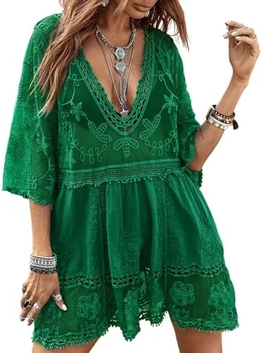 B2prity Women's Contrast Lace Bathing Suit Cover Up V-Neck Swimsuit Coverups Loose Swimwear Beach Dress Beachwear